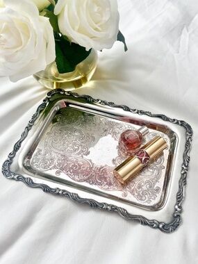 Vintage Silverplate Vanity Tray, Small Ornate Embossed Jewelry Catchall Dish